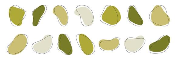 Organic shapes in green shades with stroke lines. Set of abstract elements, isolated on white. Hand drawn illustration. Templates for design vector