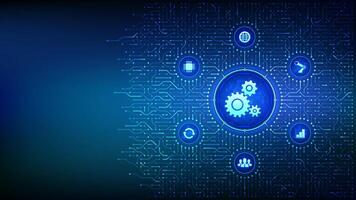 Robotic Process Automation software. RPA. IOT and Automation technology concept. Smart industry. Improving productivity. Background with circuit board connections and tech icons. Illustration. vector