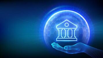 Banking. Online banking payment. Secure transactions. Financial data protection. Cyber security. Finance networking. Glass transparent sphere with surface of hexagons with Bank icon in hand. . vector