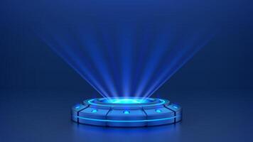 Hologram platform with blue glowing neon lights. 3D holographic podium with beams for product display presentation. Futuristic hologram projector. Sci-fi hologram circle base. illustration. vector