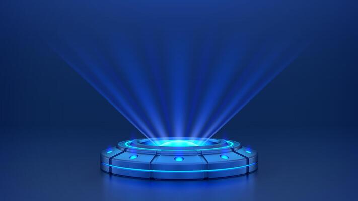 Hologram platform with blue glowing neon lights. 3D holographic podium with beams for product display presentation. Futuristic hologram projector. Sci-fi hologram circle base. illustration.
