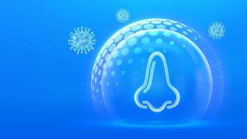 Human nose and respiratory system care. Protection from viruses, dust and allergens. Healthcare. Virus cell. Nose icon inside protection sphere shield with hexagon pattern. illustration. vector
