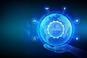 Licensing. License agreement concept. Copyright protection law license property rights. World map point line composition. Earth planet globe in wireframe hand vector