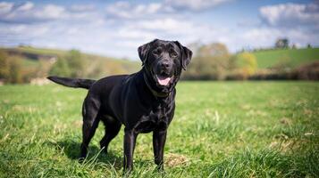 Labrador Standing Alert on a Green Grassy Field photo