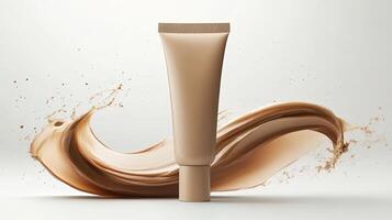 Soft face cream applied from tube, spreading across white surface. photo