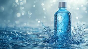 Relaxing blue gradient background with a bottle on water splash. photo