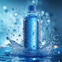 Blue water splash and droplets surrounding a bottle in serene setting. photo