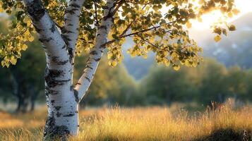 Stunning birch tree photo with intricate bark and vibrant leaves.
