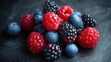 Fresh, high-resolution photo of various berries, organic and natural textures