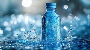 Product display with bottle on blue water splash and droplets. photo