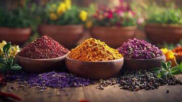 Realistic Photo of Spices Arranged Beautifully in Local Market Scene