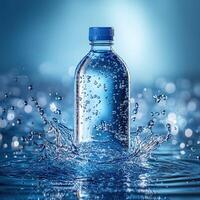Product presentation featuring a bottle amidst blue water and splashes. photo