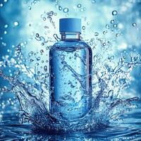 Serene bottle on blue water splash with soft gradient and splashing. photo