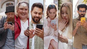 Collage of smiling happy people men women use mobile smartphone celebrating win good news play game video
