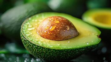 Close up View of Ripe Green Avocado Showcasing Its Texture and Seed Against a Blurred Background of Avocados photo