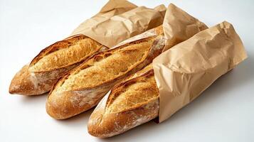 Fresh French Baguettes Wrapped in Eco Kraft Paper Bags Against a Clean White Backdrop photo