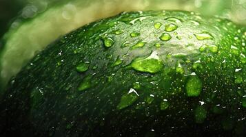 Bright Green Ripe Avocado Close up Showing Smooth Skin and Droplets of Water in a Vibrant Setting photo