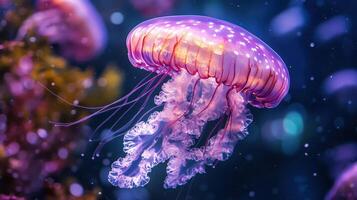 Intricate Light Violet Jellyfish Gracefully Swimming in Clear Underwater Habitat photo