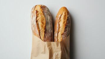 French Baguette Wrapped in Eco Kraft Paper Bag on a Clean White Background photo