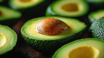 Close up View of Vibrant Green Ripe Avocados Showcasing Smooth Texture and Rich Colors photo