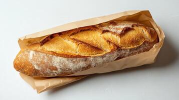 French Baguette Wrapped in Eco Kraft Paper Bag on a Clean White Background for Culinary Presentation photo