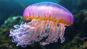 Light Violet Jellyfish Gracefully Gliding Underwater in a Serene Marine Environment photo