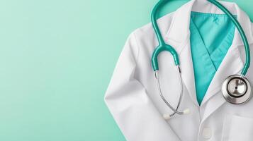 Doctor's White Coat and Stethoscope on a Pastel Green Background Captured From a Top View Perspective photo