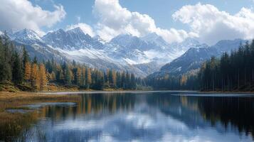 Serene Mountain Lake Surrounded by Autumn Foliage and Towering Peaks Under a Clear Blue Sky photo