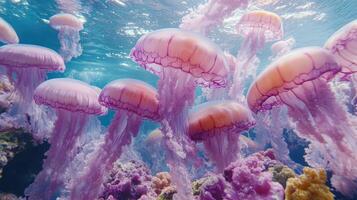 Light Violet Jellyfish Gracefully Gliding Through Clear Ocean Waters During the Day photo