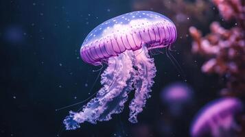 Mesmerizing Light Violet Jellyfish Gracefully Drifting Underwater in a Vibrant Marine Environment photo