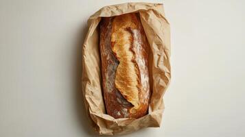 French Baguette Wrapped in Eco Kraft Paper Bag on a Clean White Background for a Sustainable Bakery Display photo