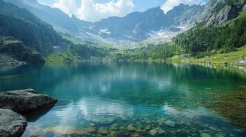 Stunning Mountain Lake Surrounded by Lush Green Hills and Rocky Cliffs at Midday photo