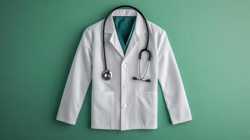Close-up View of a Doctor's White Coat and Stethoscope on a Green Background photo