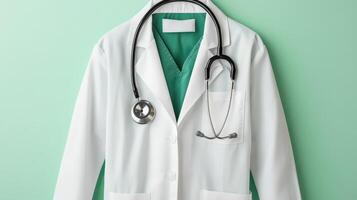 Top View of a Doctor's White Coat and Stethoscope on a Light Pastel Green Background in Close-Up Flat Lay photo