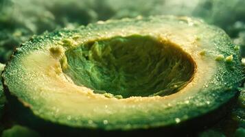 Close up of a Ripe Green Avocado Showcasing Its Textured Surface and Vibrant Inner Flesh photo