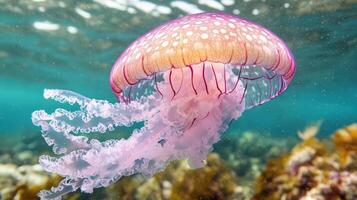 Light Violet Jellyfish Drifting Gracefully in Clear Underwater Ocean photo