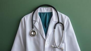 View of a Doctor's White Coat and Stethoscope on a Green Background photo