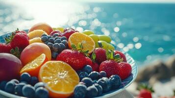 Colorful Plate of Fresh Fruits by the Sunny Sea During Summer Day With Clear Waters in the Background photo