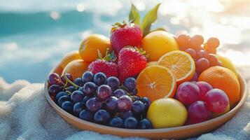 Fruit Platter Under Summer Sun by the Sea With Vibrant Colors and Refreshing Appeal photo