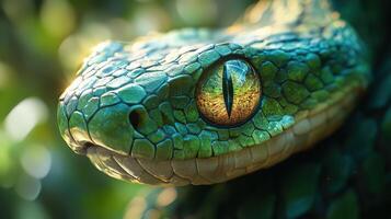 Close-up Shot of a Snake Eye Reveals Intricate Patterns and Vibrant Colors in a Natural Setting photo