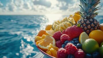 Enjoying a Colorful Fruit Platter on a Summer Day by the Serene Sea photo