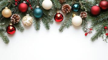 Festive Christmas Tree Composition With Colorful Ornaments and Pine Cones on a Bright White Background photo
