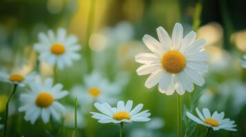 Lush Field of Blooming White Chamomile Flowers Under Soft Sunlight in an Idyllic Countryside Setting photo