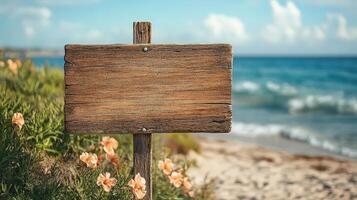 Wooden Sign With Copy Space on a Summer Beach Near the Sea With Flowers and Beautiful Clouds photo