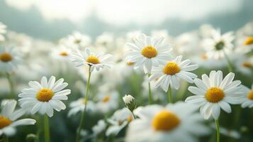 Lush Field Covered With Blooming White Chamomile Flowers Under Soft Sunlight photo