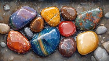 Colorful Wet Pebbles Glistening on the Beach at the Shoreline After a Gentle Rain photo