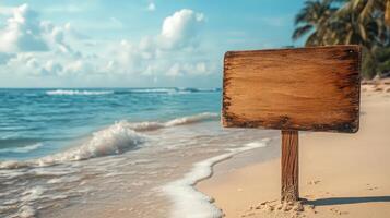 Wooden Sign Stands on Sandy Beach With Sea Waves and Summer Sky in Background, Inviting Personalized Messages photo