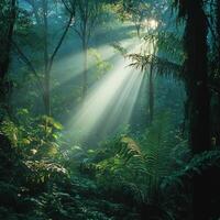 Sunlight Pierces Through the Dense Jungle Canopy Creating a Mystical Atmosphere in the Rainforest photo