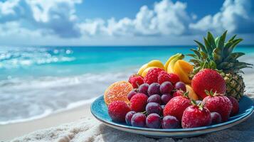 Summer Fruits on a Beach Plate With a Vibrant Sea Background at Sunset photo