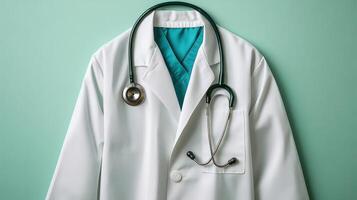 View of a Doctor White Coat and Stethoscope on a Light Pastel Green Background photo